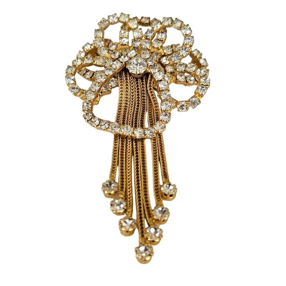 Gold Tone Vintage Prong Set Rhinestone Bow Waterfall Chain Tassel Brooch L79 - Picture 3 of 11